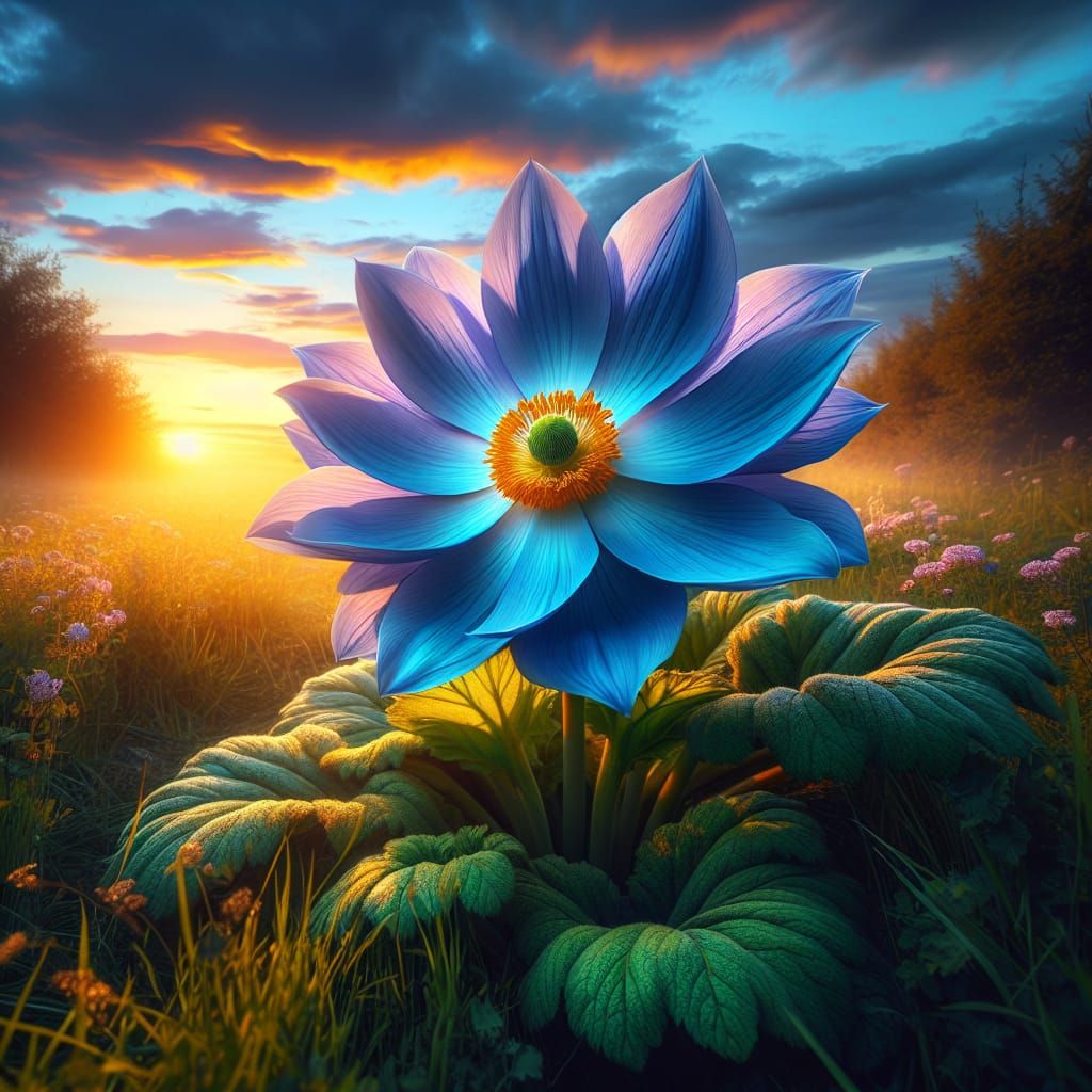 Solitary Blue Flower in Sunset Field