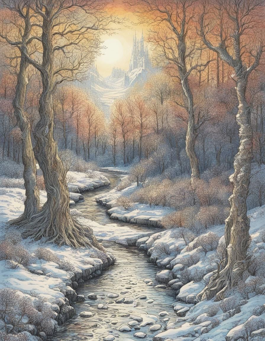 Winter Forest Glade with Medieval Travelers