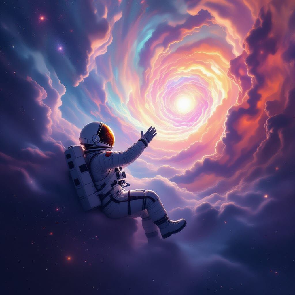 Astronaut Reaches for Cosmic Entity in Ethereal Nebula