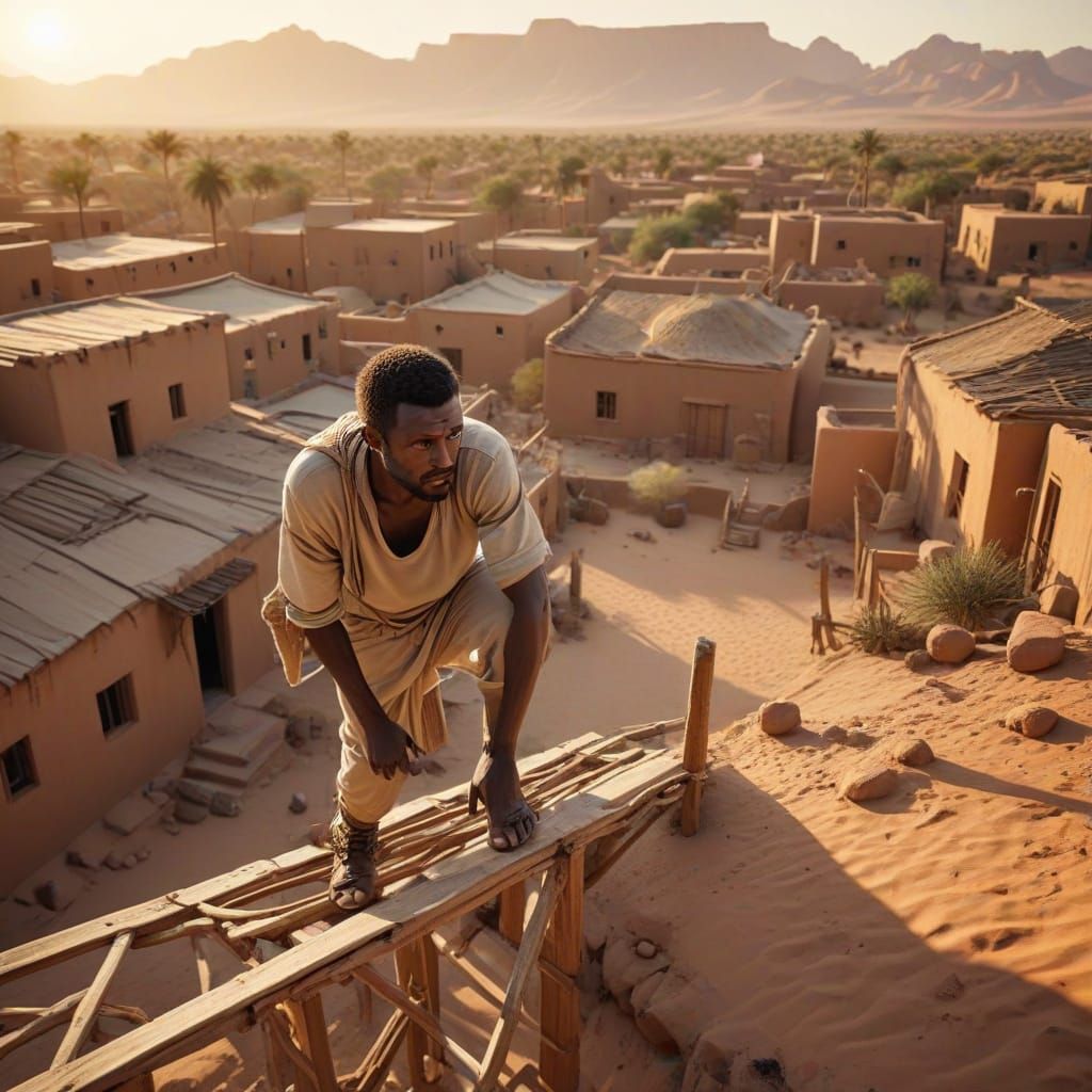 Somalian Man Climbs Rooftops in Golden Desert Sunset