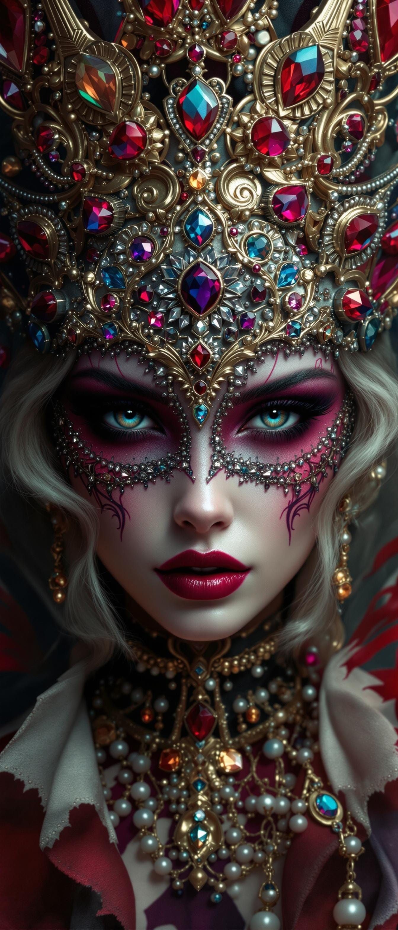 Cyberpunk Queen of Hearts in Elegant Masked Portrait
