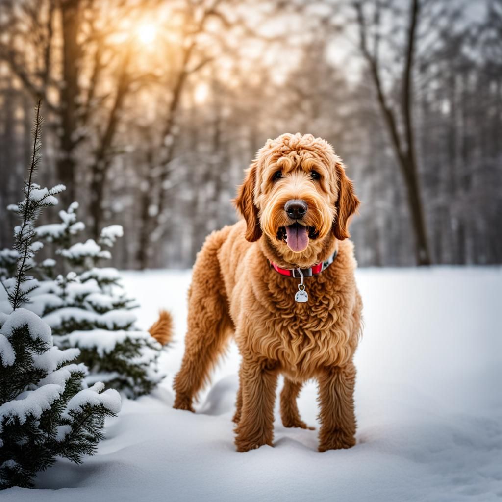 Golden Doodle in Snow: Hyperrealistic 64 Megapixel Image