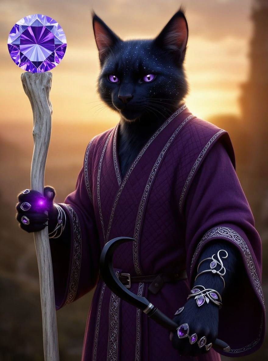 Tabaxi Warlock with Night Sky Fur and Purple Accents
