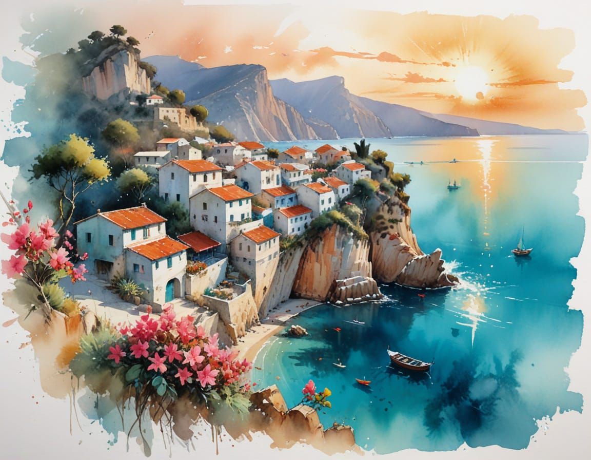 Adriatic Village at Sunrise: Watercolor Art
