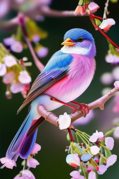 Colorful Bird Portrait on Blossom Branch, Surreal Art