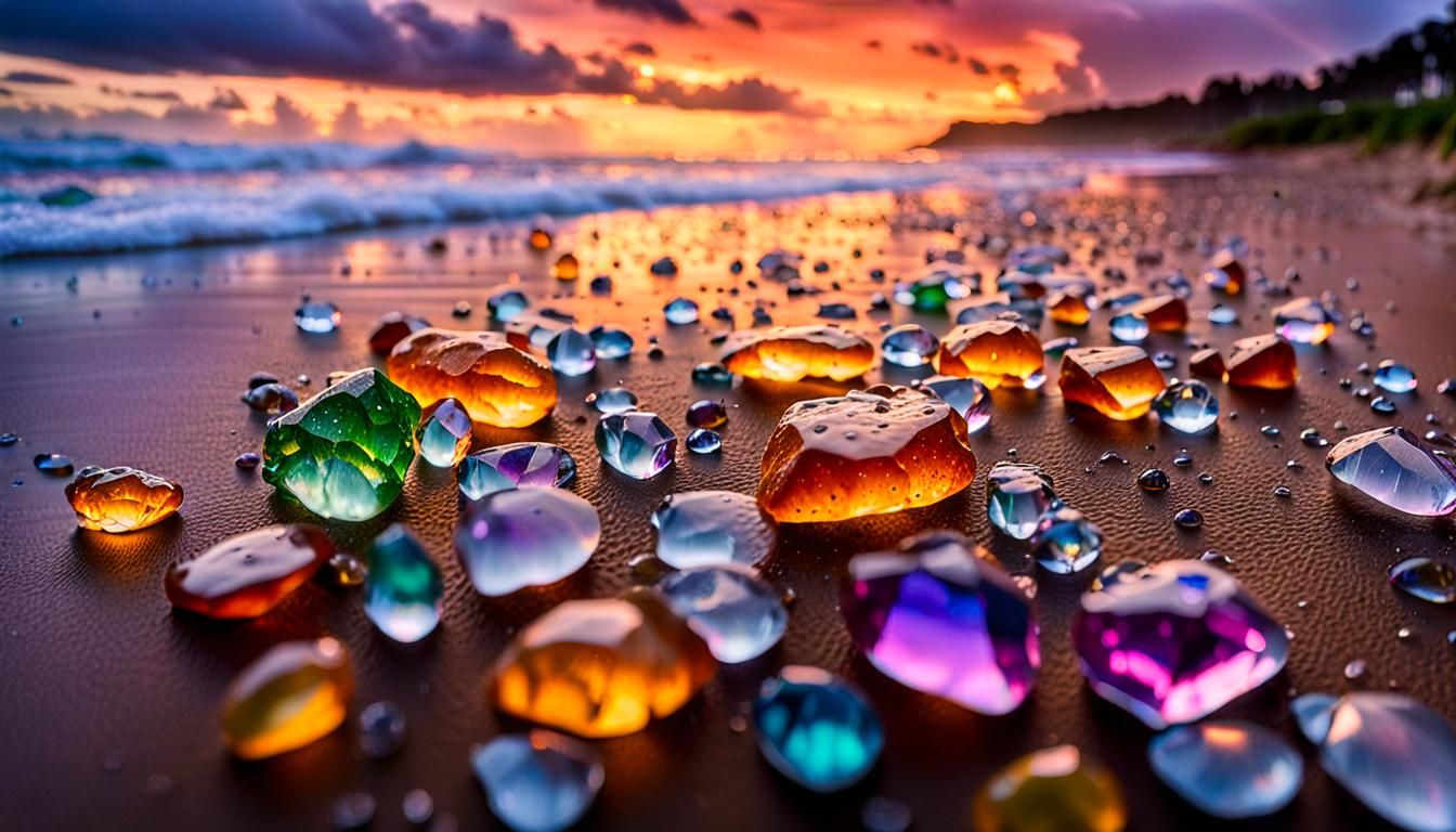 Serene Beach Sunset in Radiant Gemstone Bloom