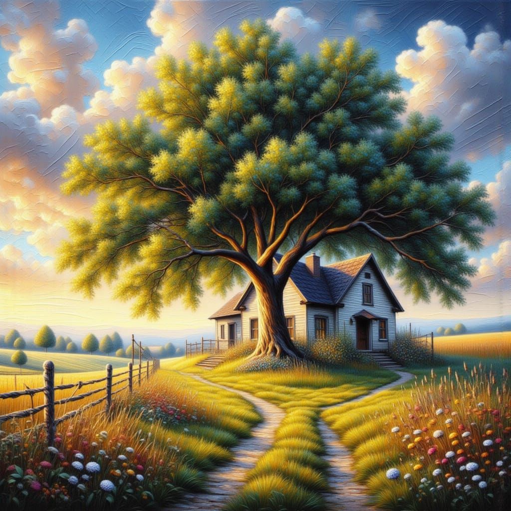 Textured Abstract Cottage Painting at Sunset