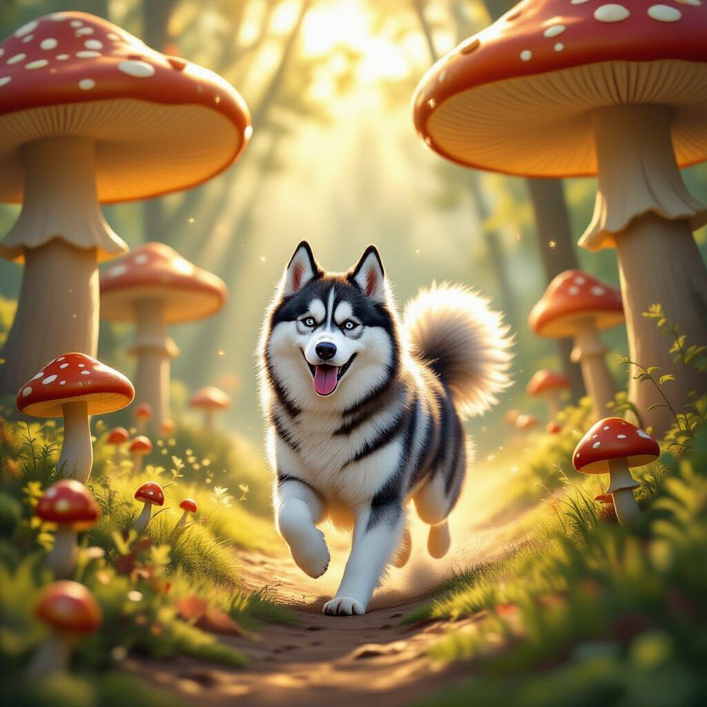 Siberian Husky Runs Through Enchanted Mushroom Forest
