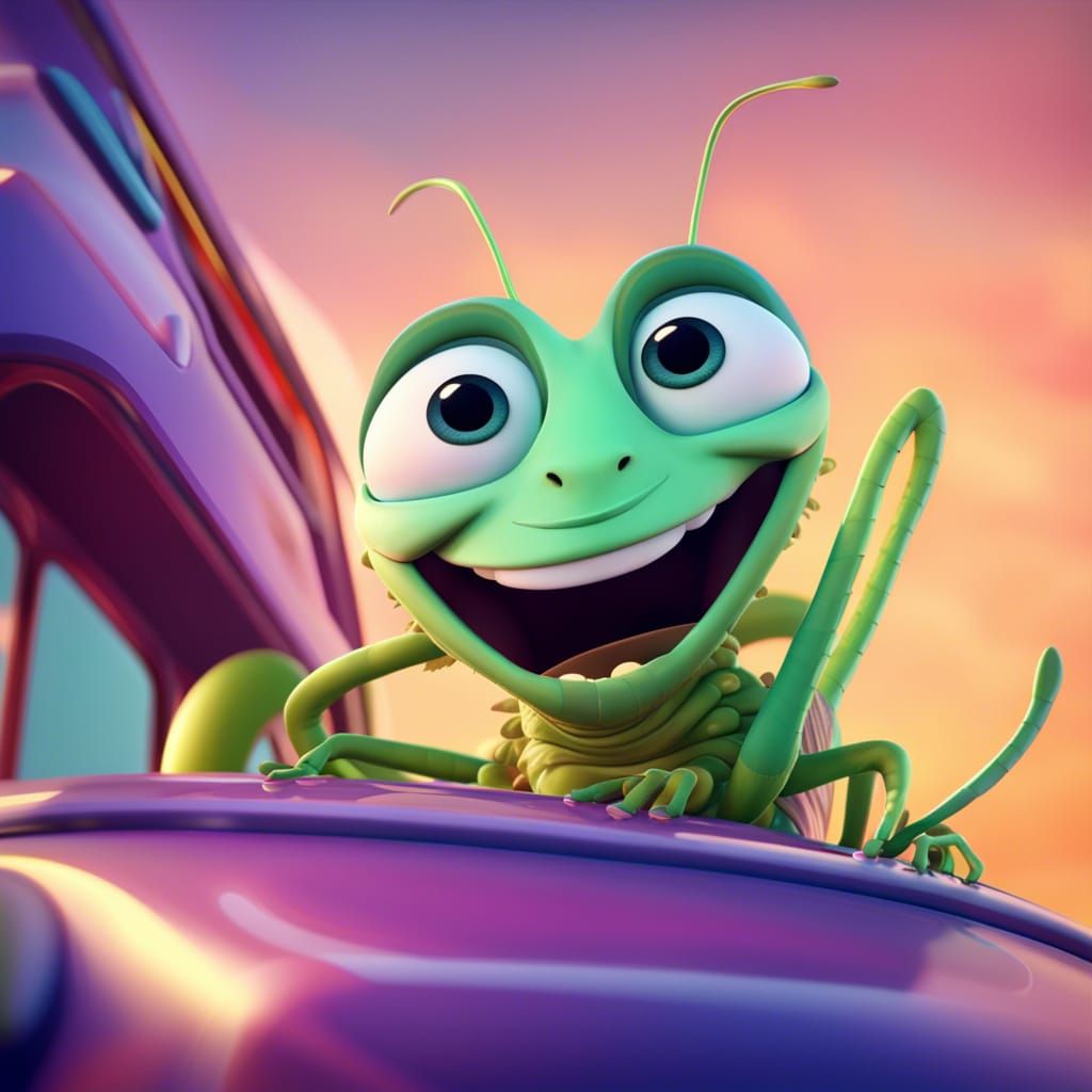 Smiling Grasshopper Rides a Bus: 3D Digital Art