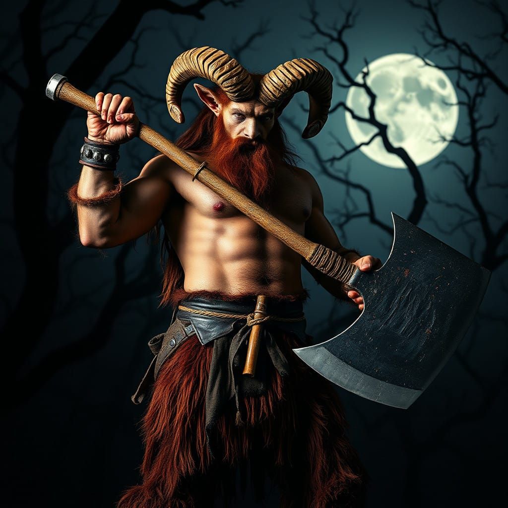 Rugged Satyr Barbarian Wields Great Axe Under Dark Forest Mo...