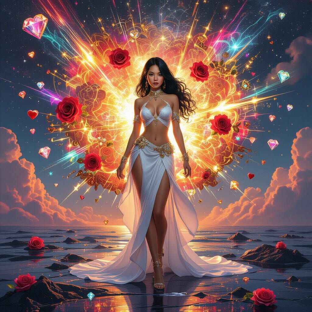 Fantasy Woman Amidst Cosmic Explosion and Bioluminescent For...