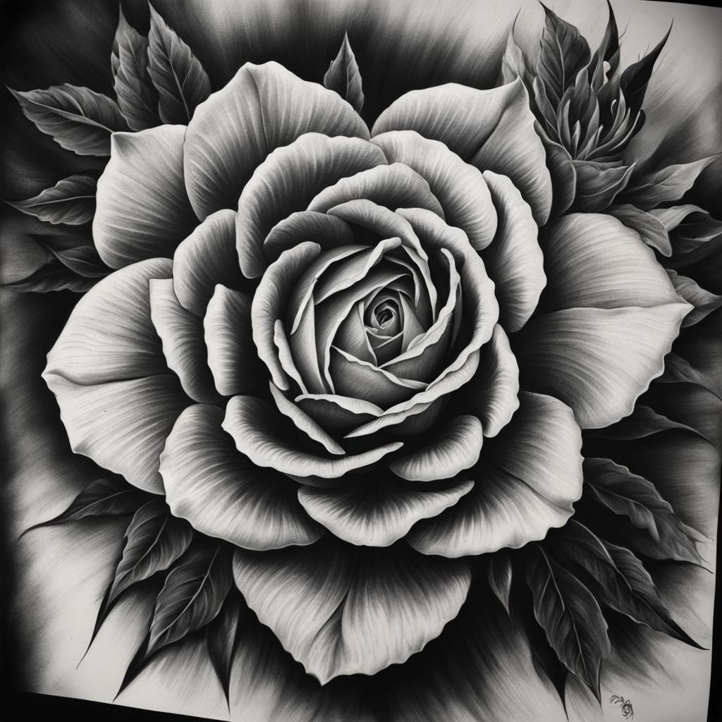 Monochrome Rose Tattoo Design with Showbug Detail