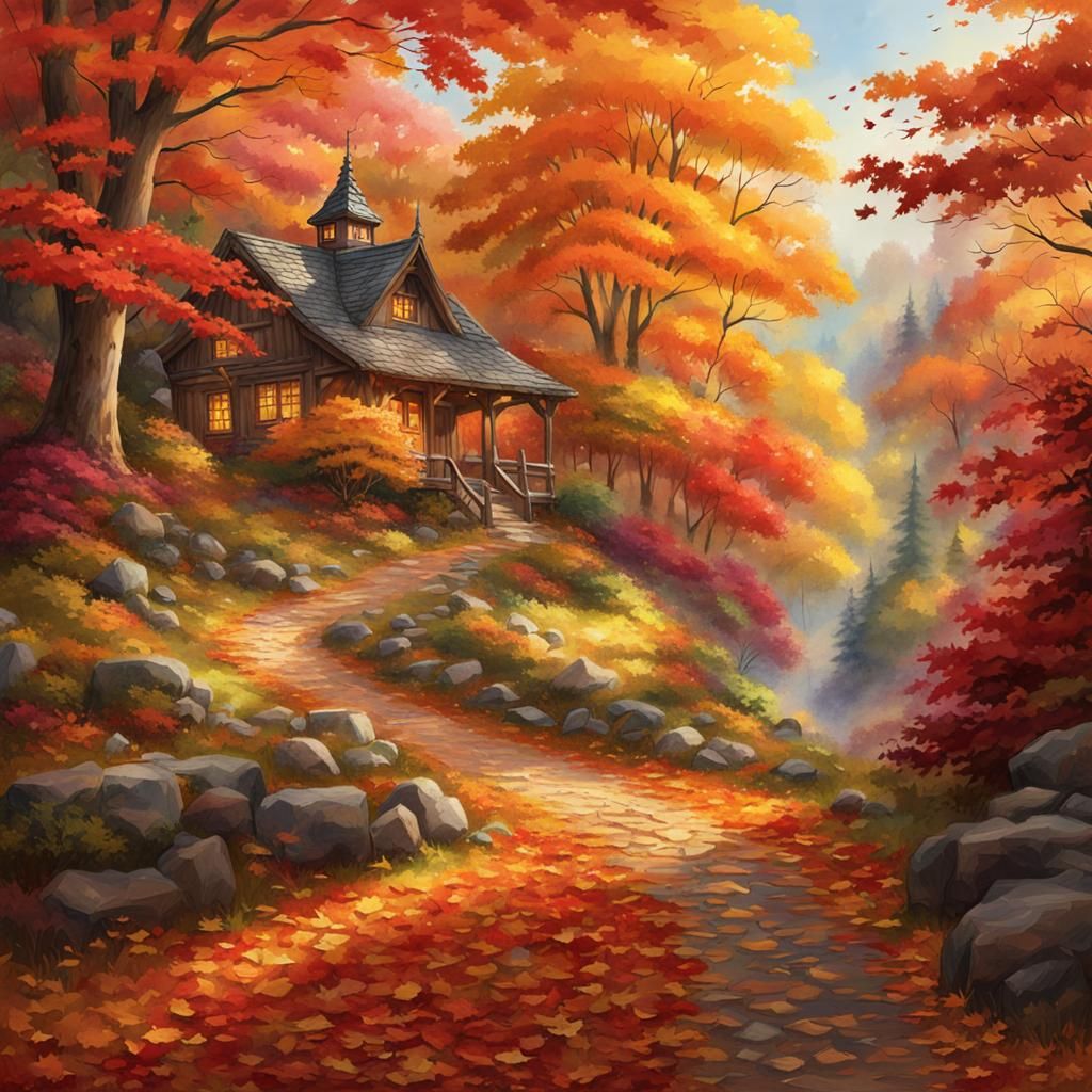 A winding path through a dense forest in the peak of autumn, with vibrant orange, red, and yellow leaves carpeting the g...