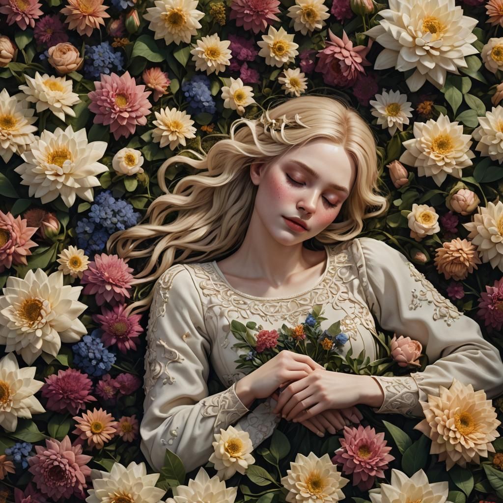 Sleeping Beauty on Flowers: Fantasy Concept Art