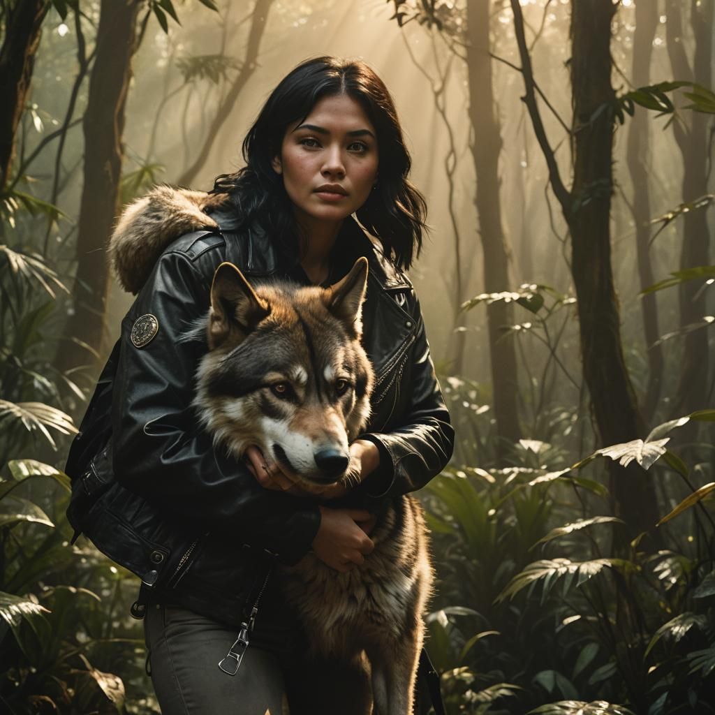 Woman and Wolf Embrace in Jungle Film Still