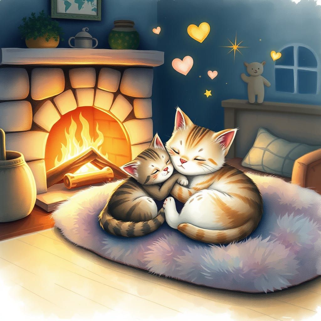 Cozy Mama Cat and Kitten Storybook Scene in Whimsical Waterc...