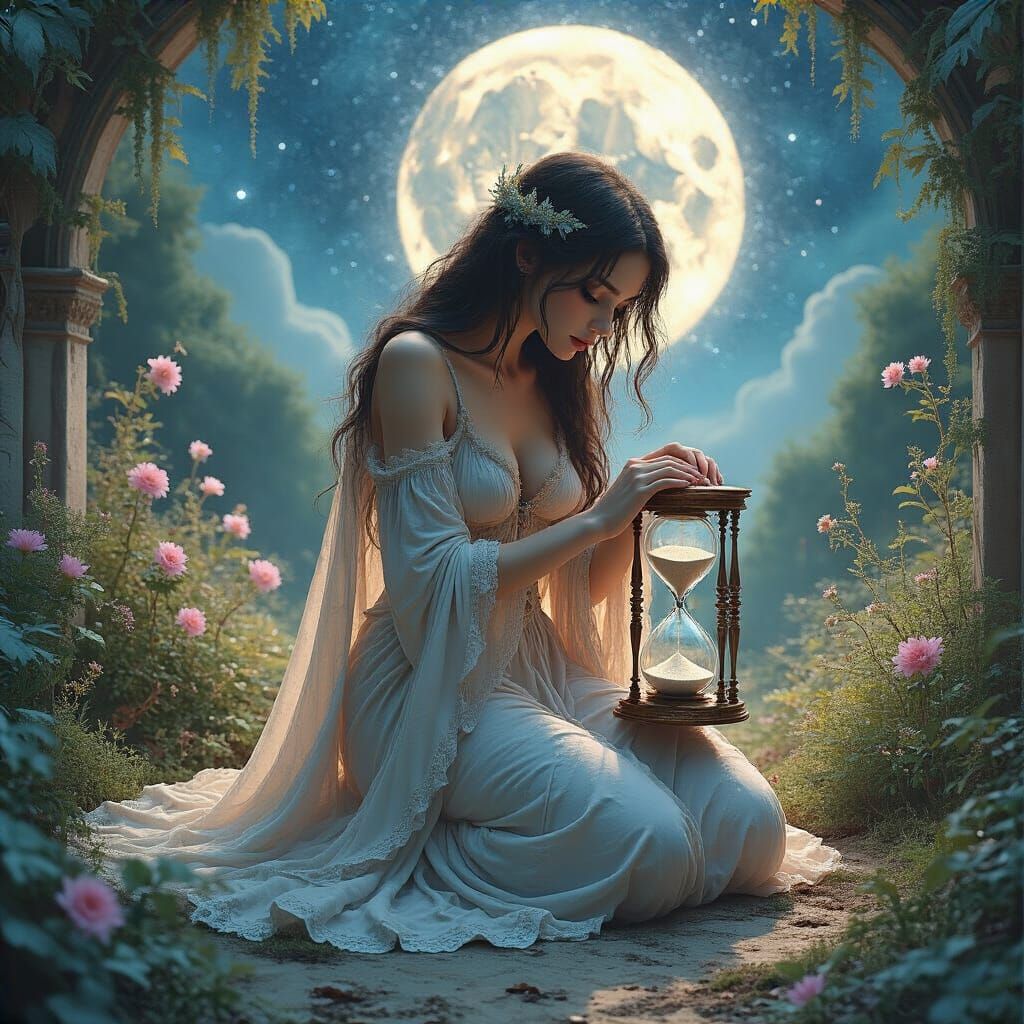 Goddess in Moonlit Garden with Shattered Hourglass