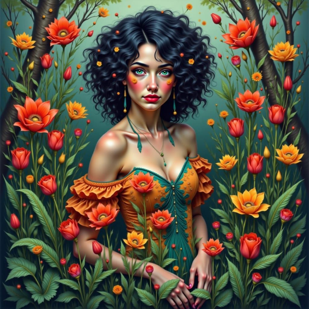 Vibrant Woman in Whimsical Illustration Style