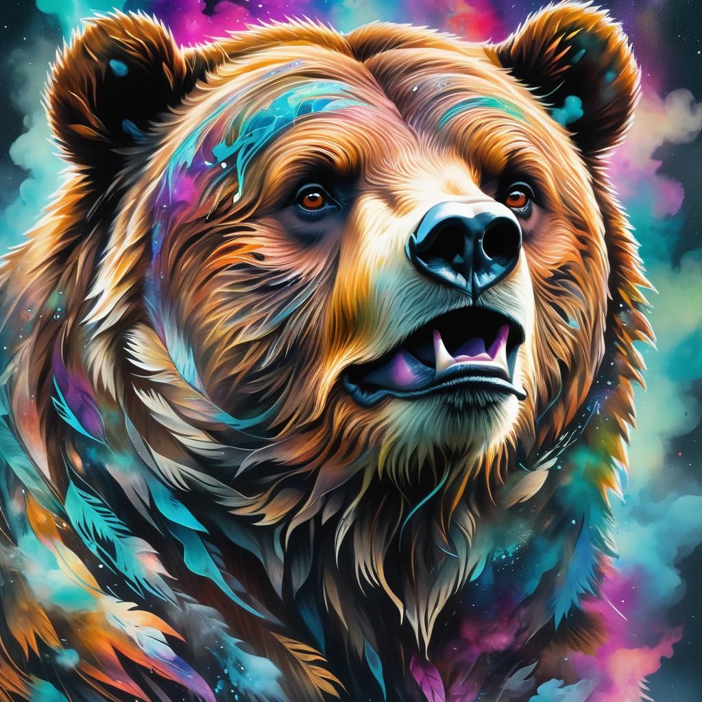 Majestic Grizzly Bear Portrait in Mixed Media Style