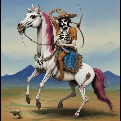 Mexican Skeleton on Horse in Gouache Style