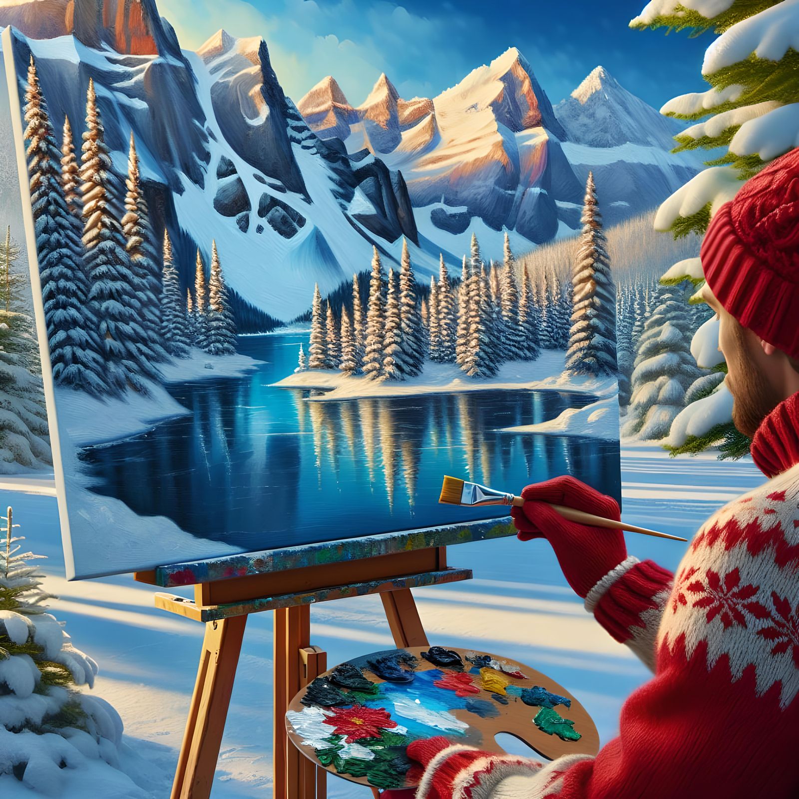 Winter Landscape Painting with Snowy Mountains and Frozen La...