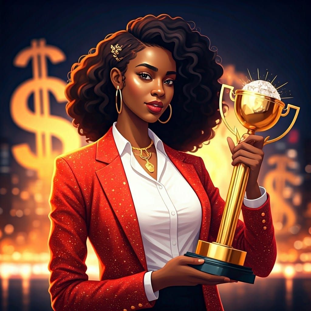 Confident Woman with Trophy in Anime-Inspired 3D Art