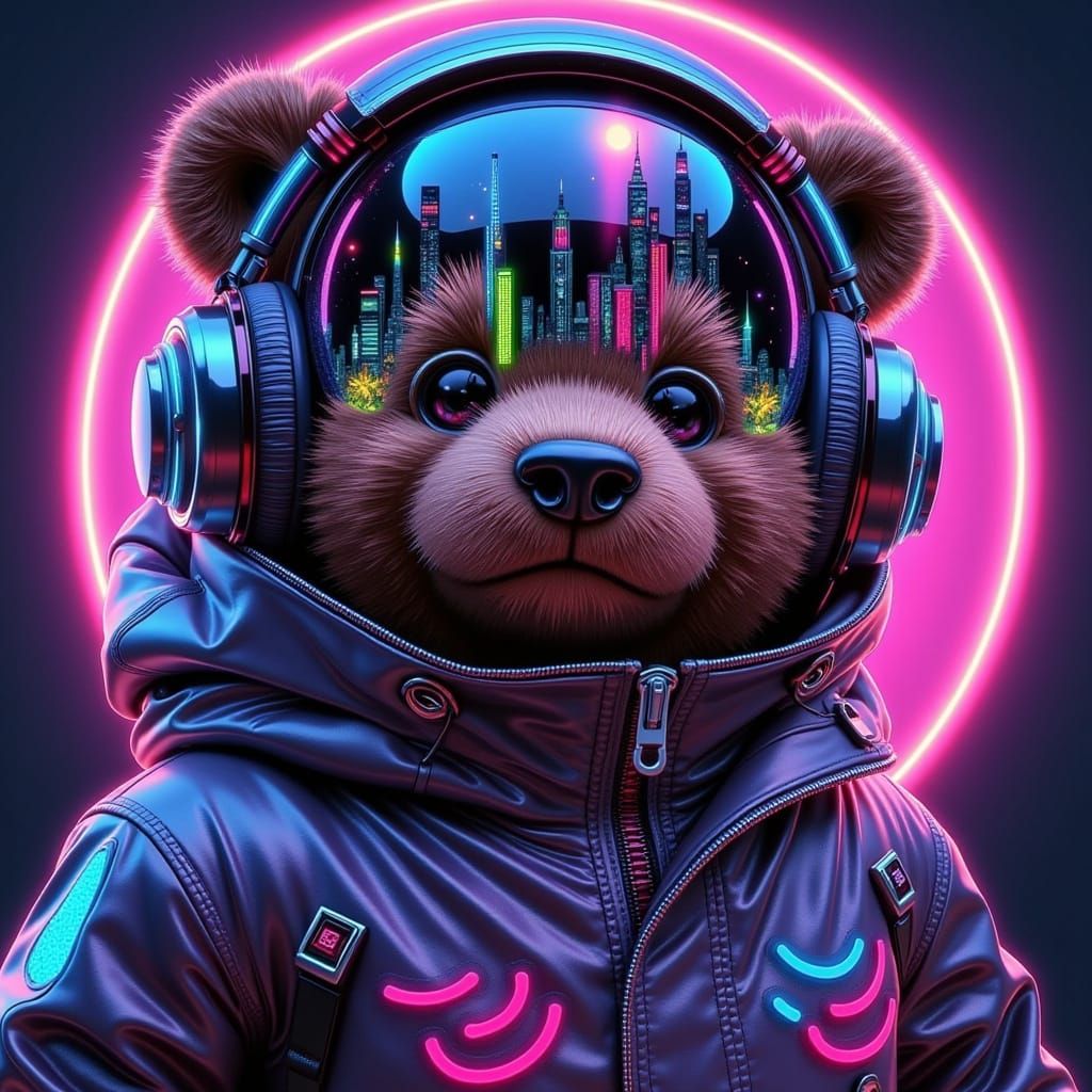 Cyberpunk Teddy Bear with Neon Cityscape Headphones
