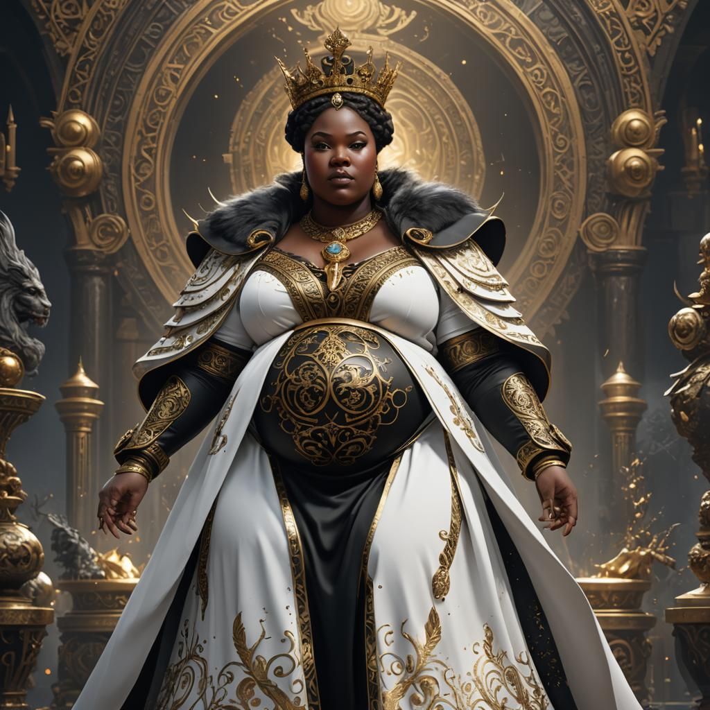 Ebony Pregnant Queen in Gold, Black and White