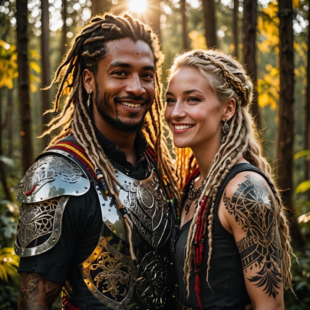 long blond dreadlock Rasta hair, White-skinned European, warrior girl, with husband, smiling, Tattoos made of light focu...