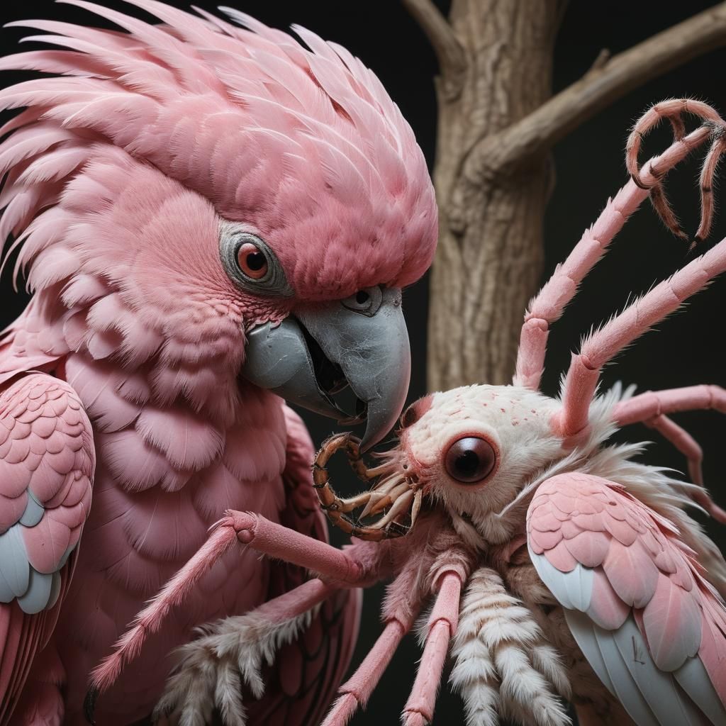 Pink Cockatoo Eats Spider: Photorealistic Close-Up