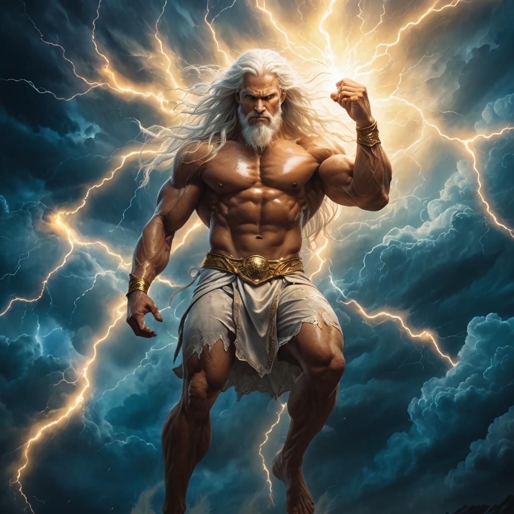 Ethereal Fantasy Art: Muscular Man in Lightning Sky