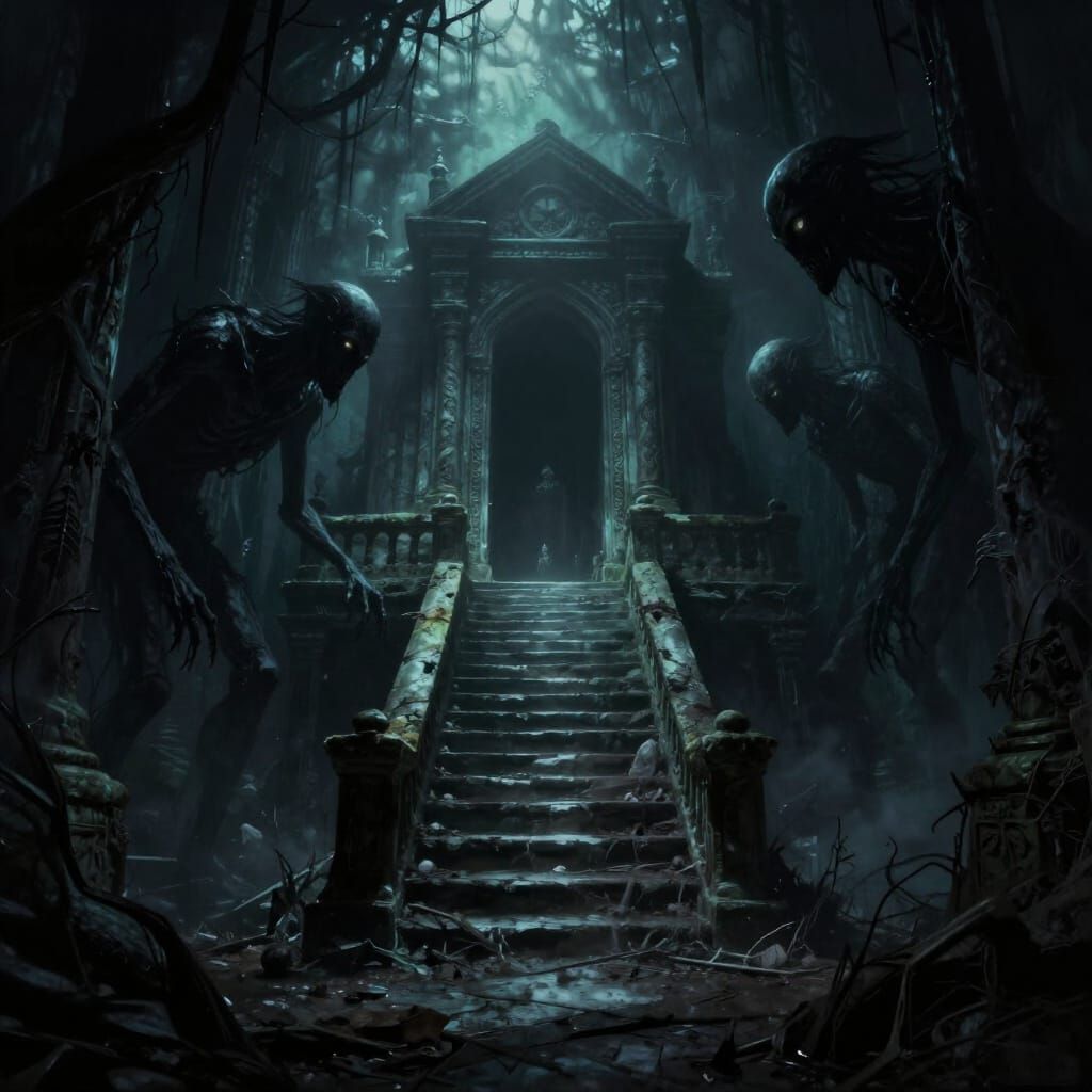 Dark Tomb Descent with Lurking Creatures in Digital Matte St...