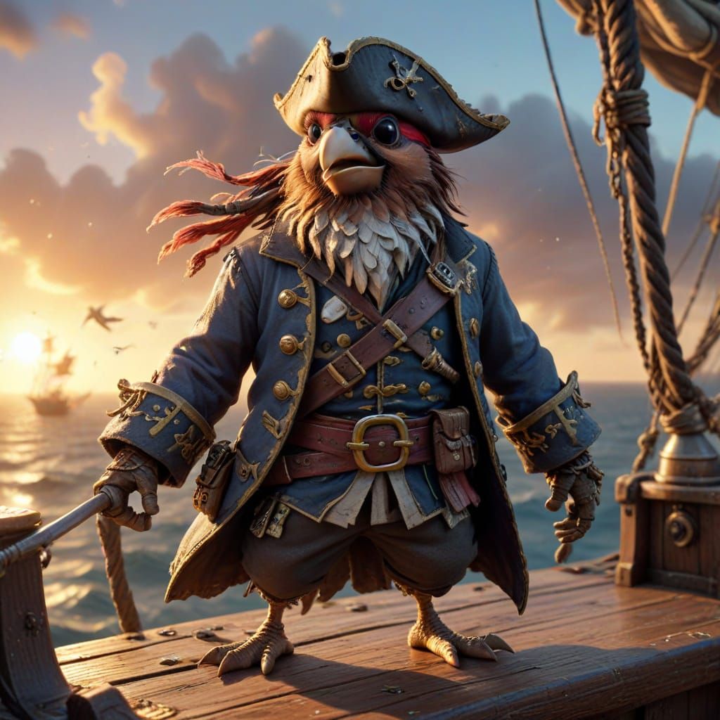 Whimsical Pirate Sparrow Commands Tiny Ship Crew