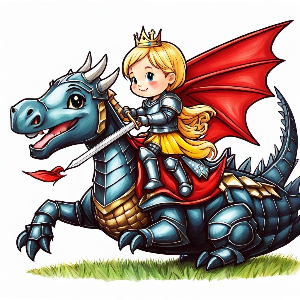 Chibi Knight and Princess Dragon Ride Pencil Drawing