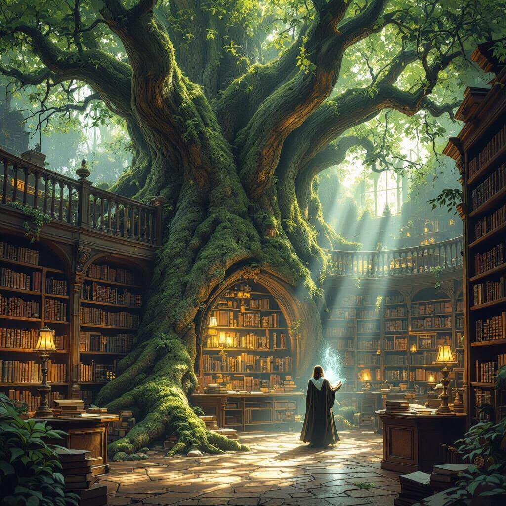Ancient Library in Giant Tree, Mystical Fantasy Art