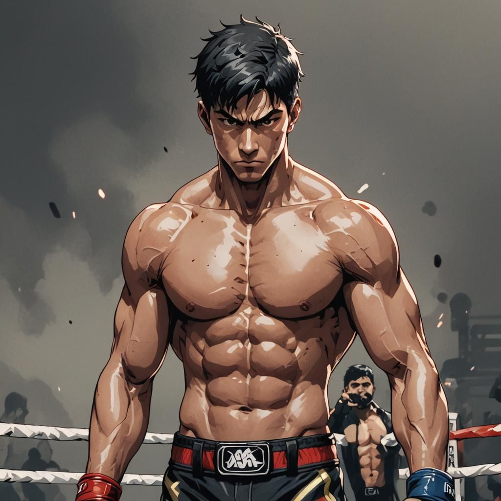 MMA Ring with Two Young Fighters in Anime Style