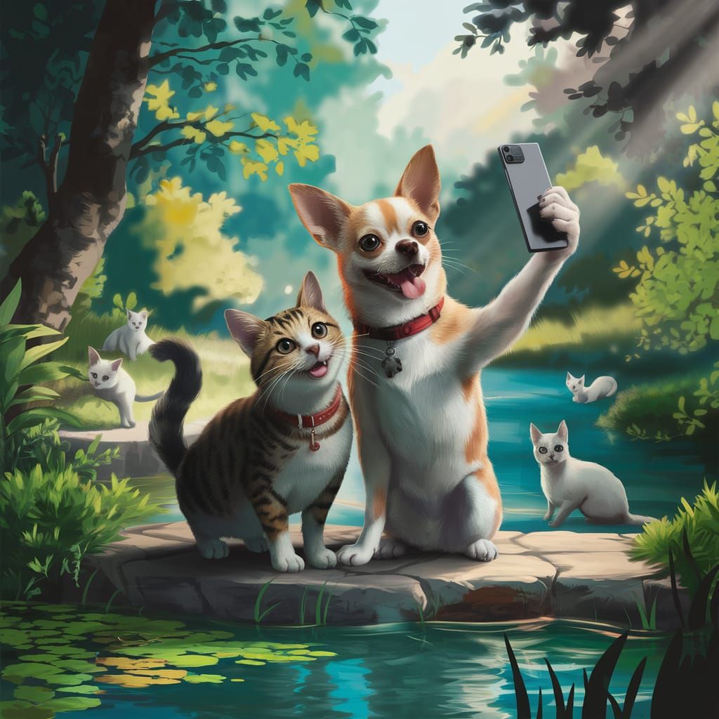 Selfie Scene with Cat and Chihuahua