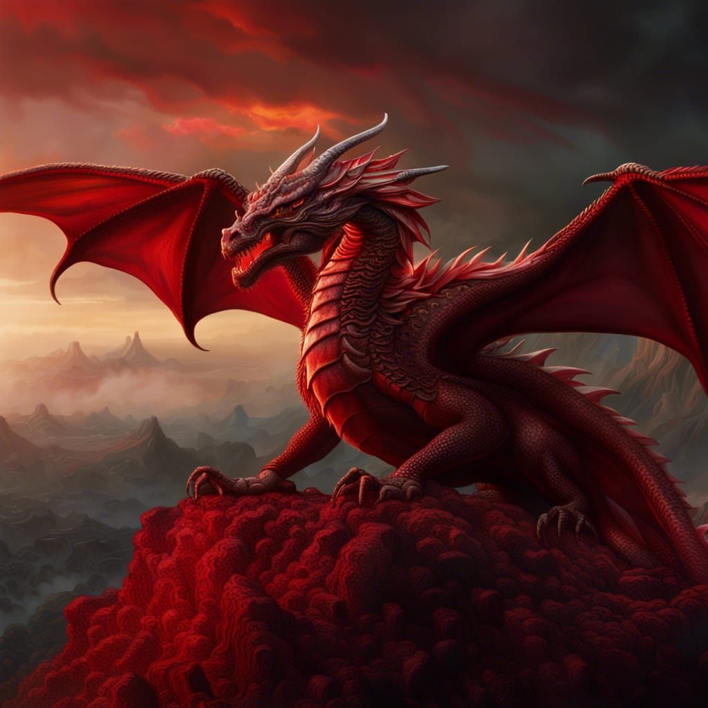 Red European Dragon Emerges from Volcano