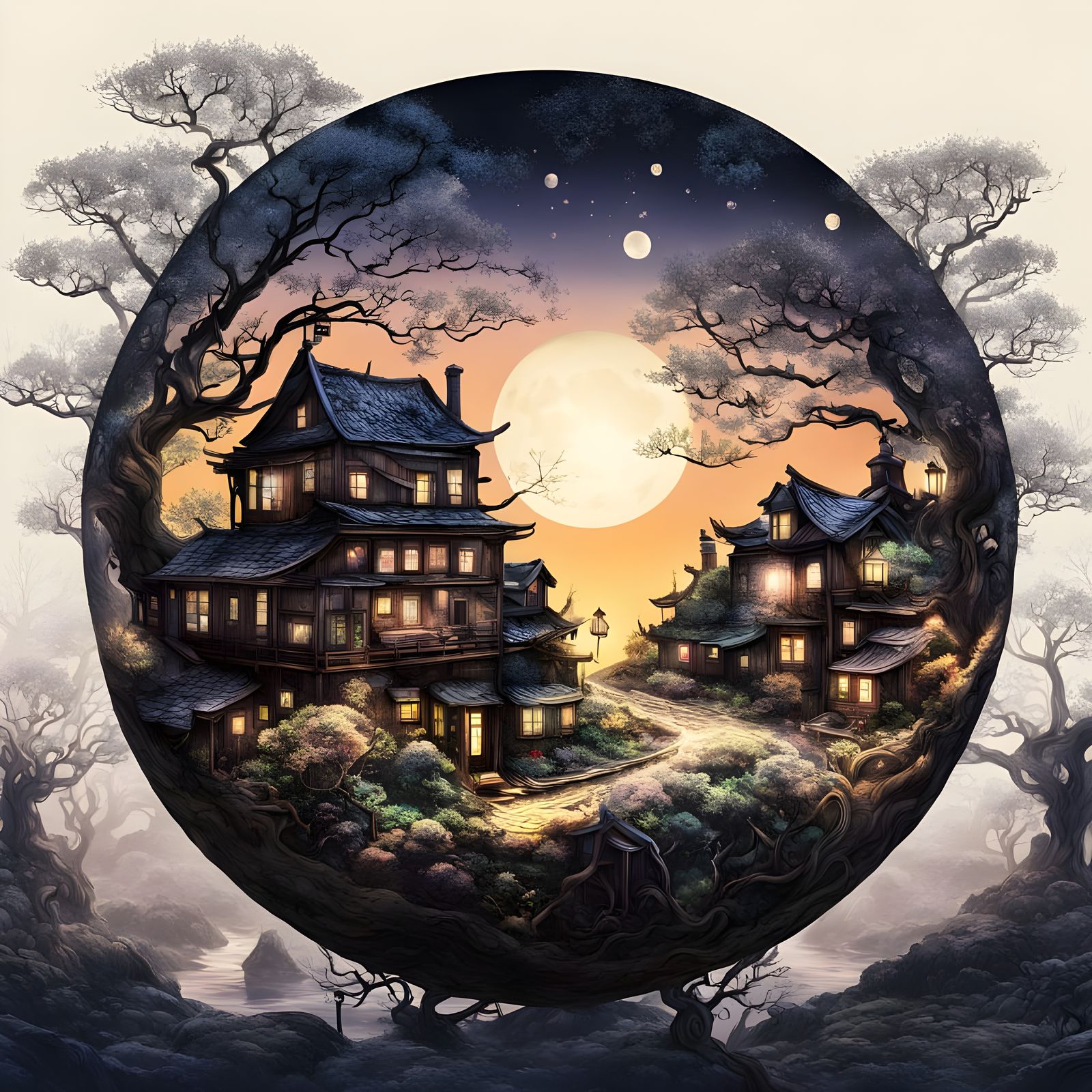 Sphere with Victorian Village and Sumi-e Painting