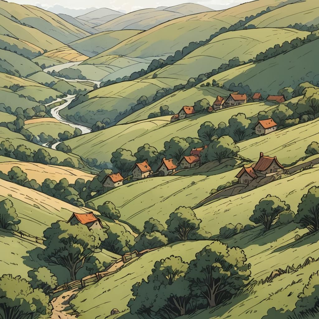 Redwall Style Sketch of Rolling Hills