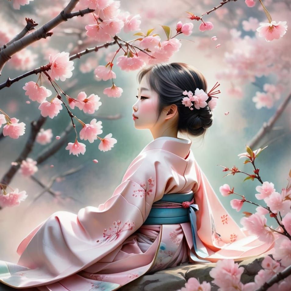 Girl in Kimono Amid Cherry Blossoms, Watercolor Style