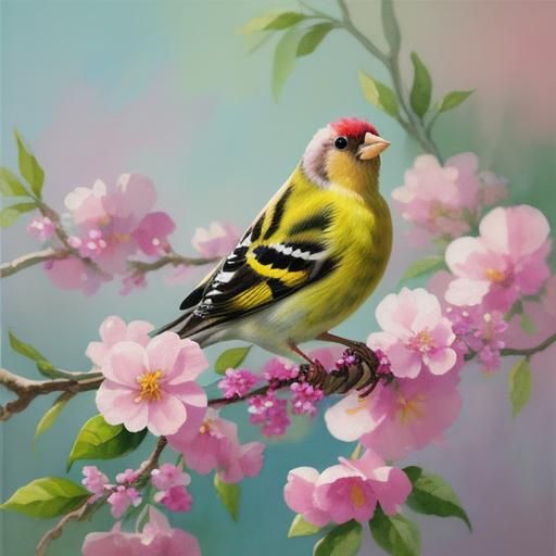 Goldfinch in Blossoms: Gouache Impressionist Masterpiece