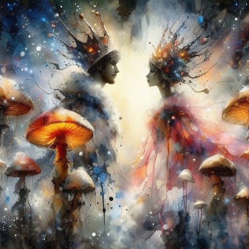 Whimsical Fantasy Art: Glowing Mushroom Royalty in Enchanted...