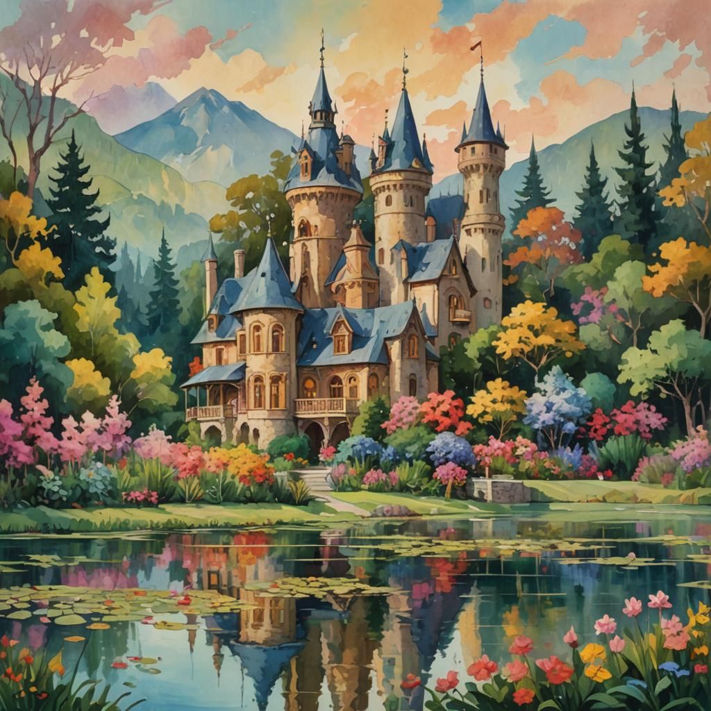 Fantasy Home on Serene Lake as Impasto Painting