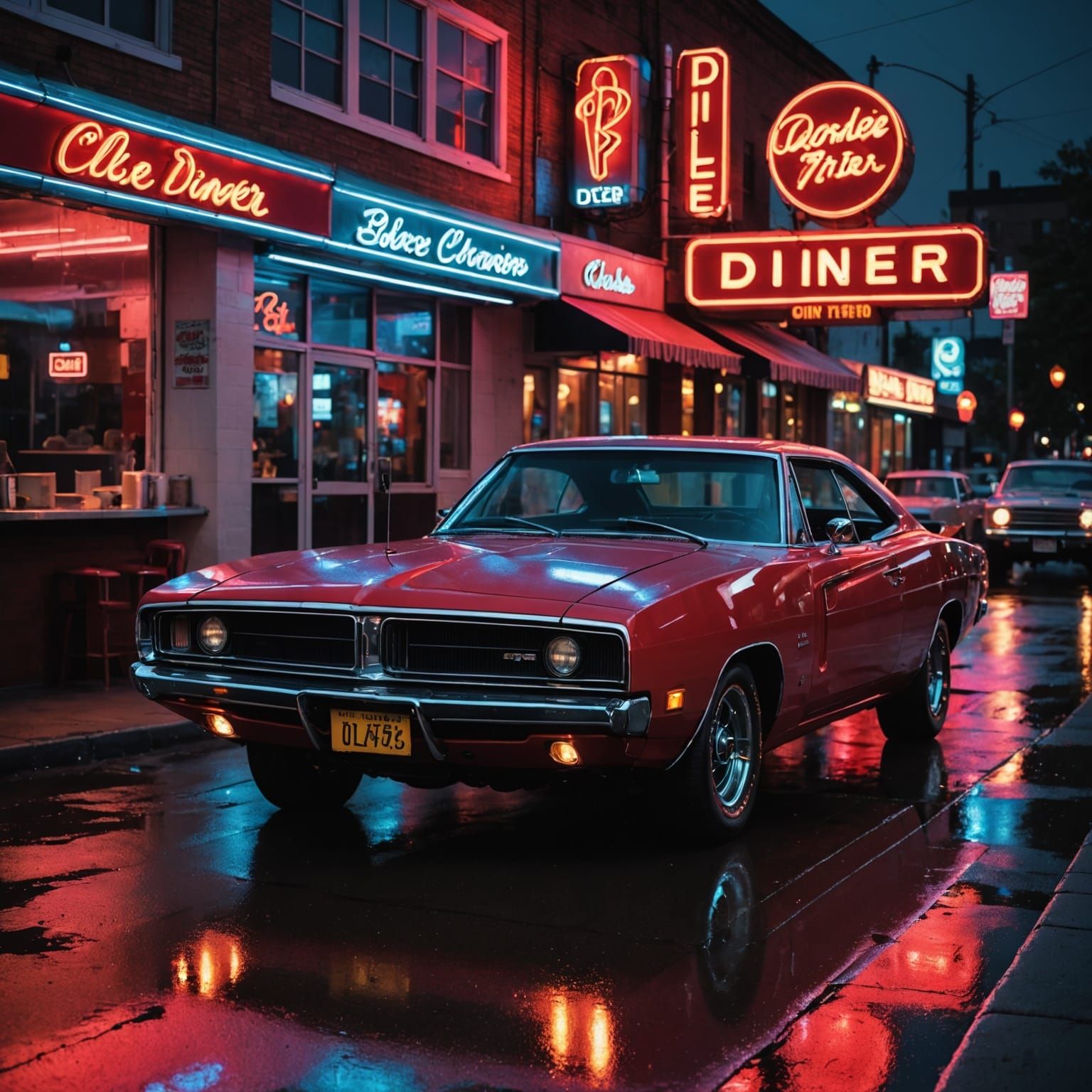 A cherry red 1969 Dodge Charger R/T, gleaming under a neon-l...