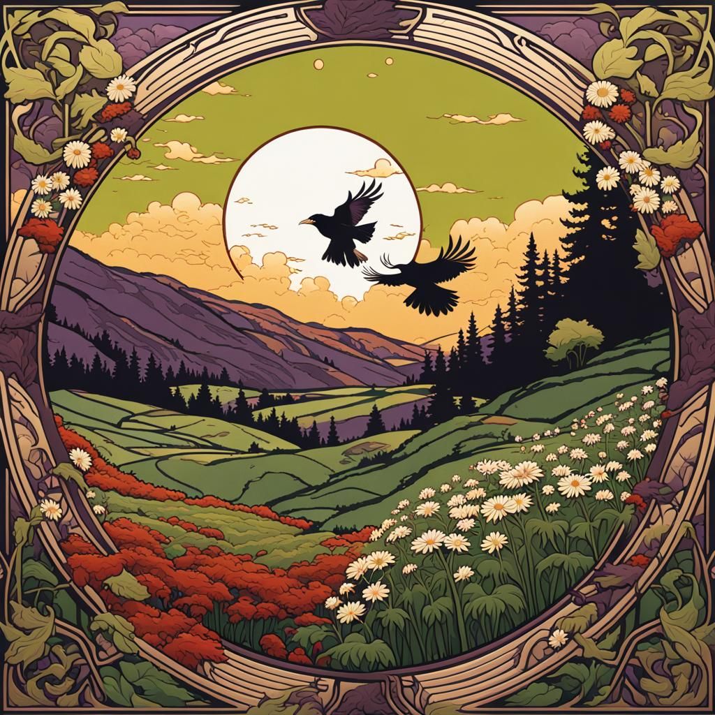 Vermont Landscape with Crow in Art Nouveau Woodcut