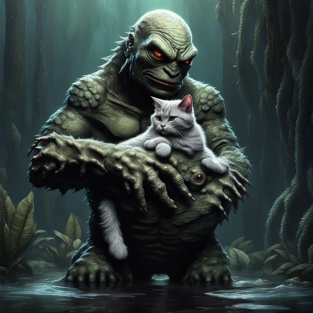 Humorous Creature Hugs Cat: Hyperrealistic Dark Fantasy