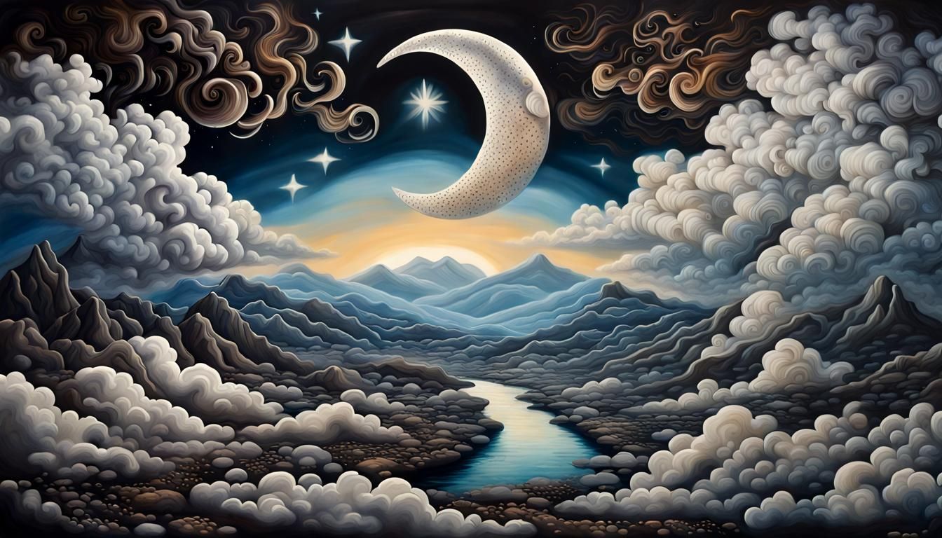 Dreamy Landscape with Moon and Stars
