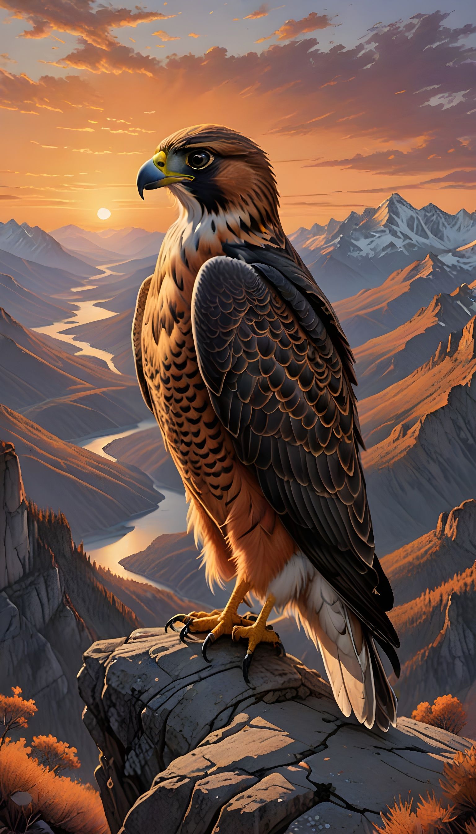 Serene Falcon Perched on Cliff's Edge at Sunset