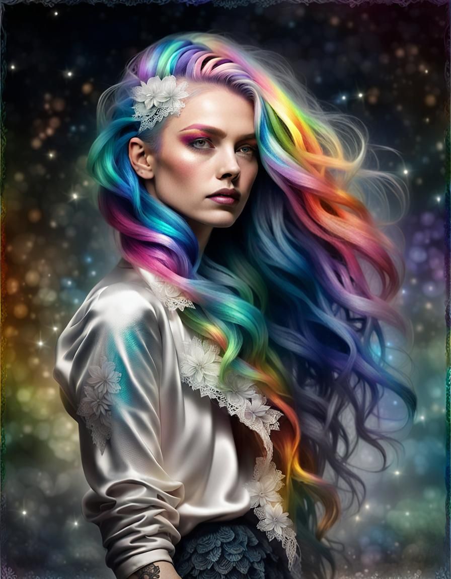 Woman with Rainbow Hair and Lace Flowers